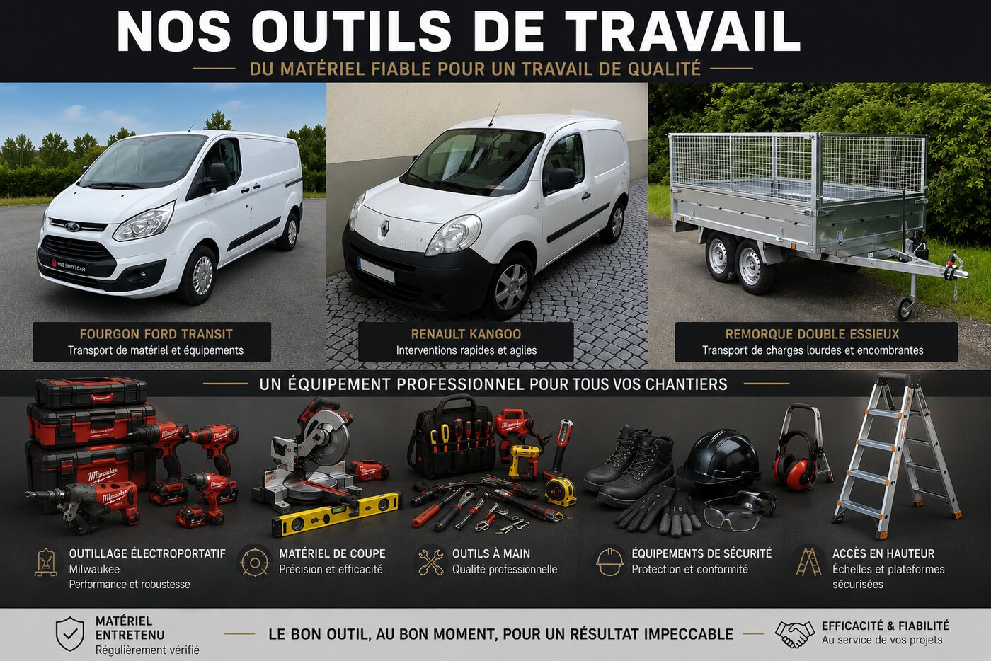 Véhicules et outillage professionnel d'AD Transactions & Rénovation : fourgon, remorque et matériel Milwaukee